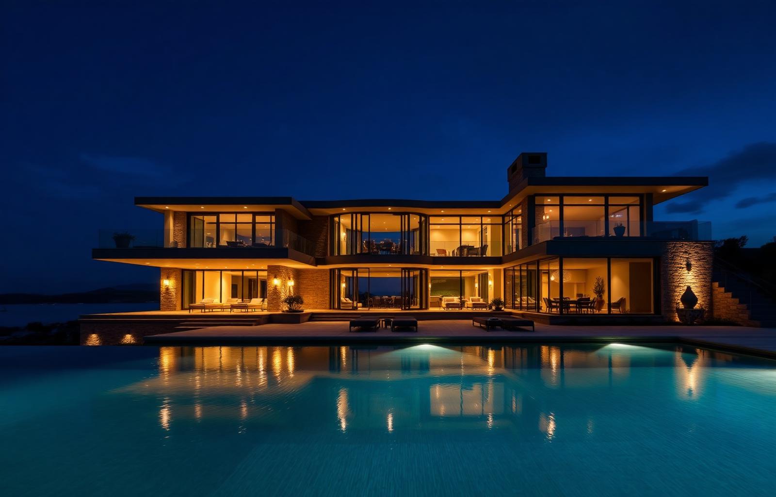 Luxury modern estate at twilight